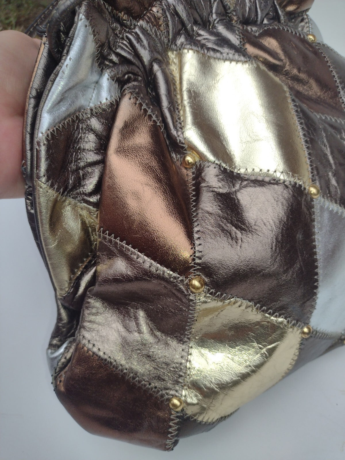 USA Leather Patchwork Frame Bag Vintage Metallic Clutch Purse Boho Disco Glam