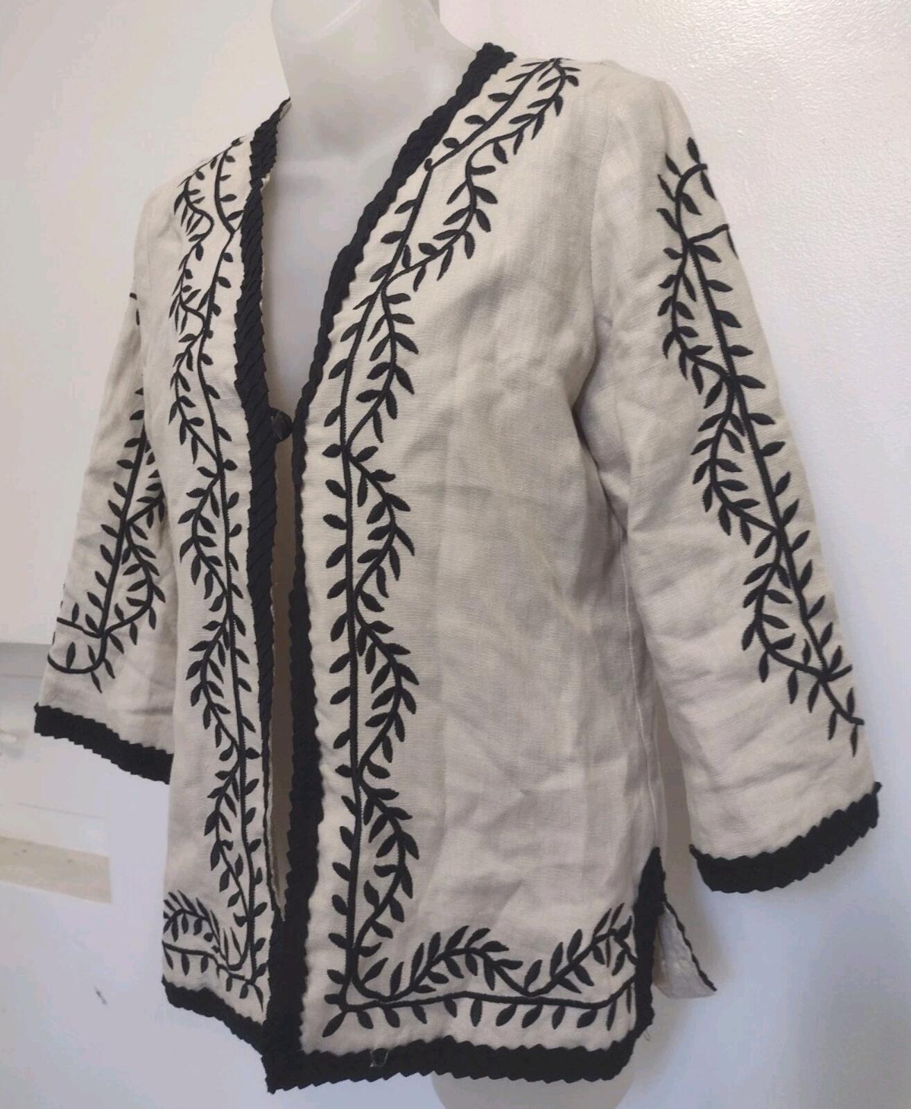 Linea Louis Dell’Olio Linen Embroidered Jacket XS Black Trim Satin Lined