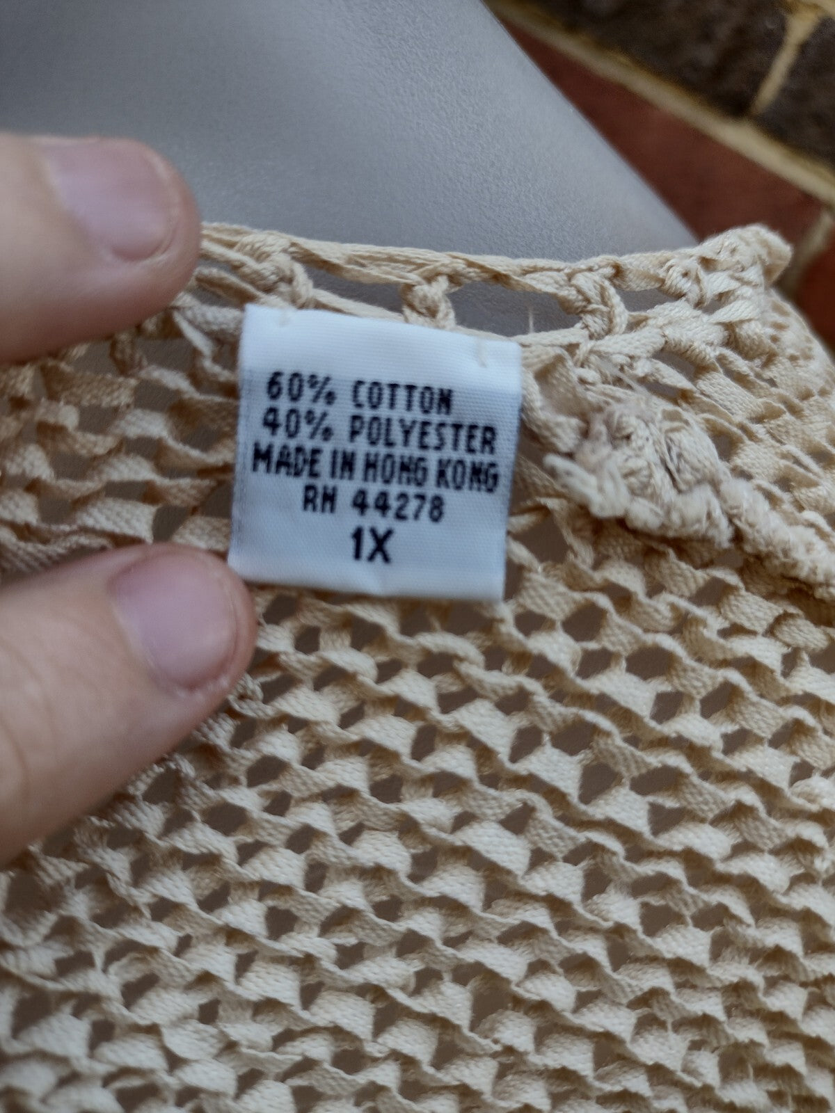 Open Knit Cardigan Sweater 1X Vintage 80s Oatmeal Tape Yarn Shell Buttons Boho