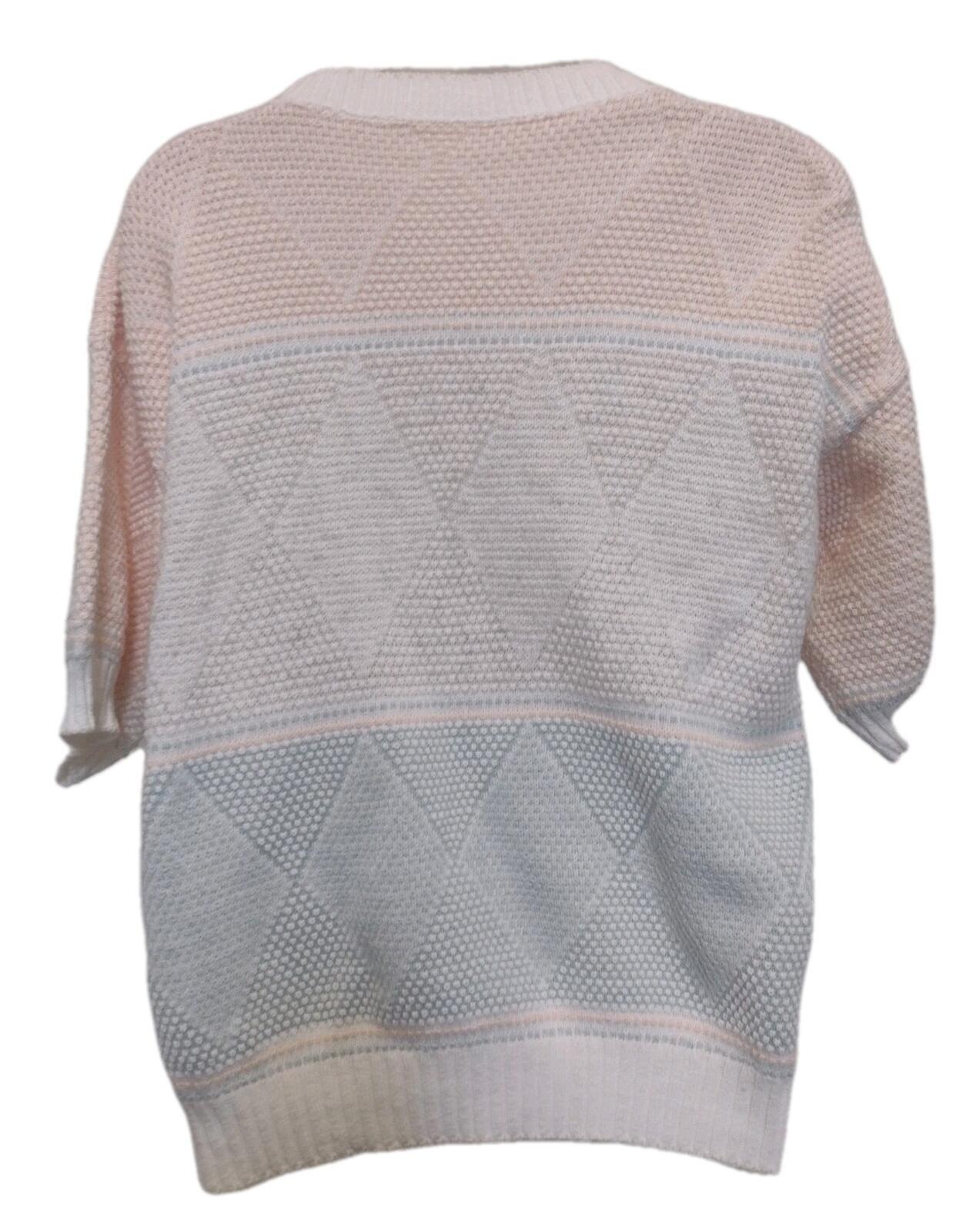 Vintage 80s Pastel Geometric Cotton Knit Short Sleeve Sweater Textured Nubby