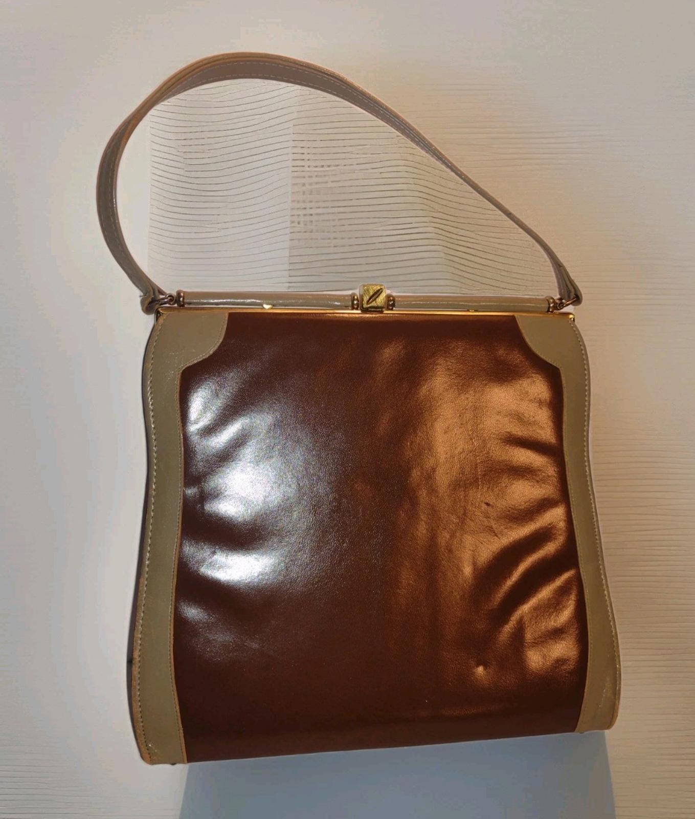 Vintage Johansen Two Tone Leather Frame Bag Brass Feet Top Handle 1950s Brown