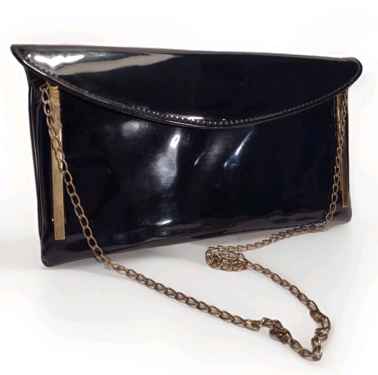 Vintage 1970s Black Patent Clutch Purse Gold Bar Accent Tuck‑In Chain Bag