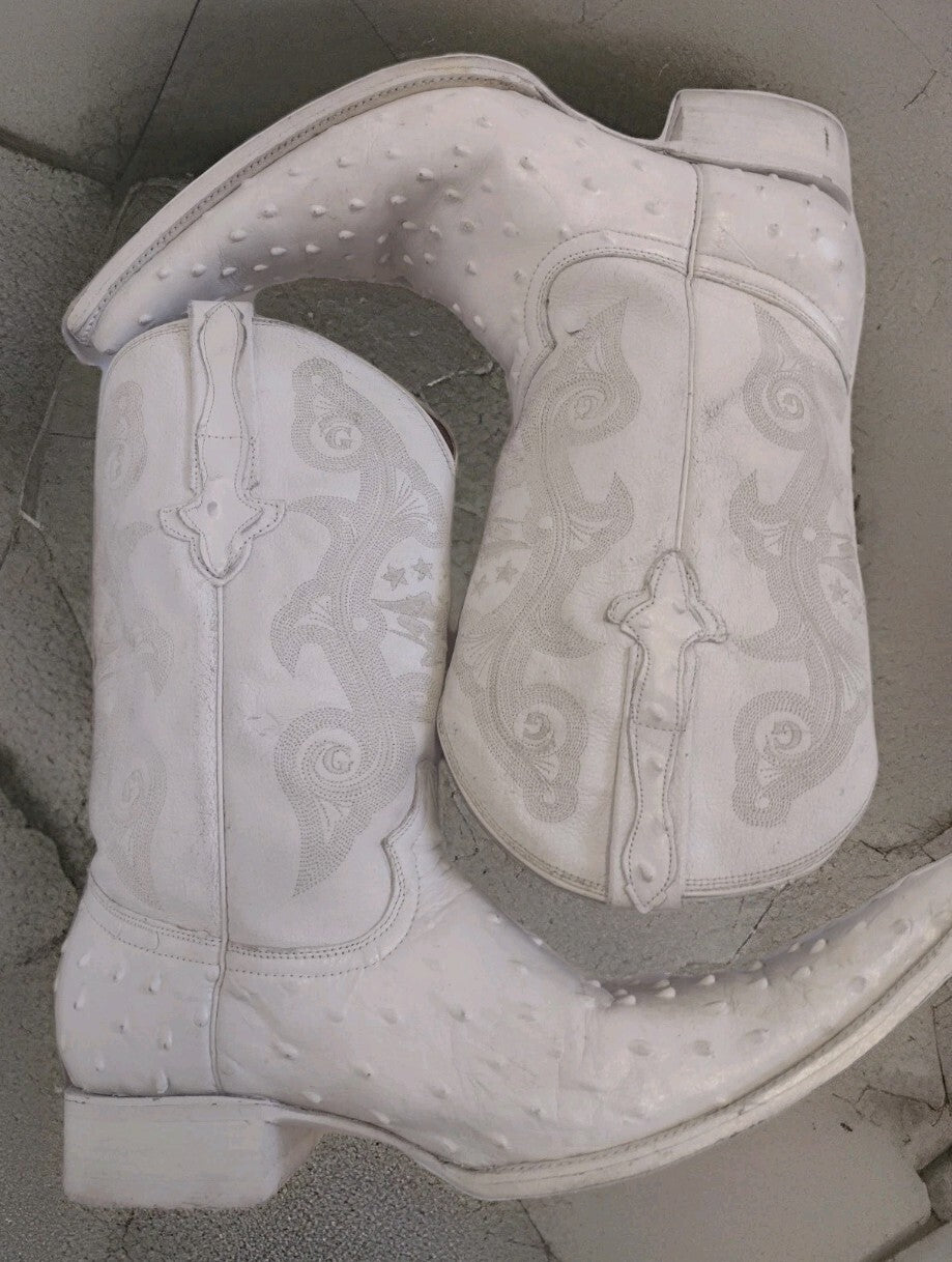Vintage El General White Ostrich Cowboy Boots Eagle Snip Toe Western US 12