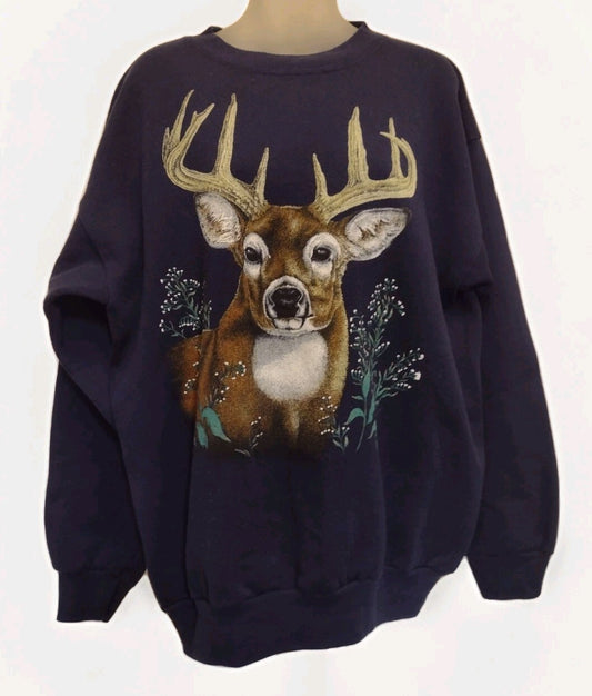 Vintage Deer Buck Sweatshirt Mens L USA Wildlife Graphic Cabincore Outdoors
