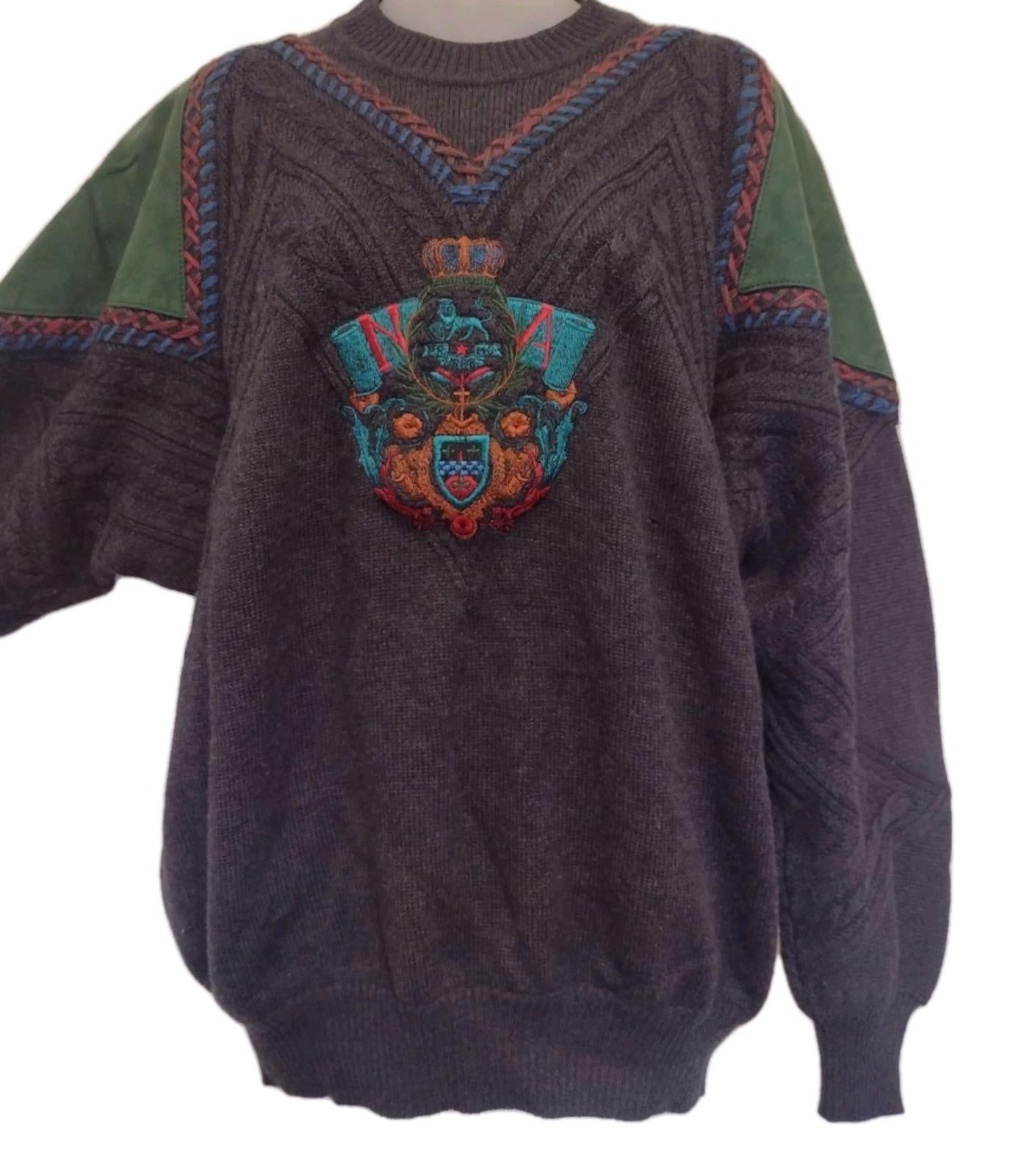 Rare Vintage 90s Bruno Magli Italy Wool Sweater L Suede Trim Crest Knit