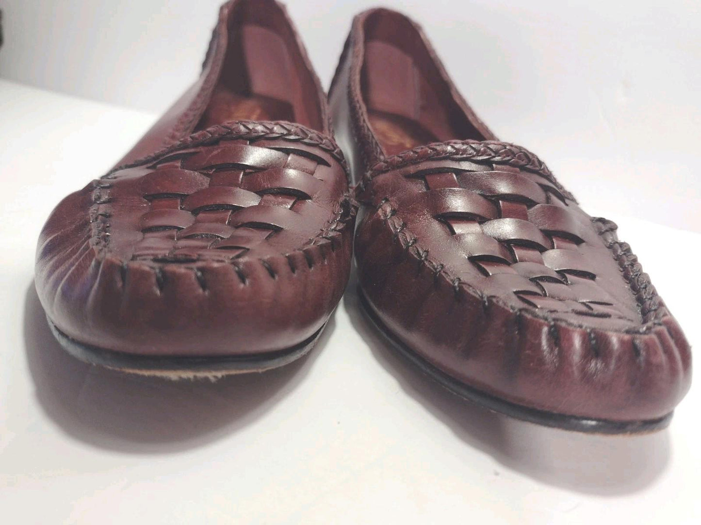VTG 80s Tempos Woven Leather Loafers 7N Brazil Burgundy Brown Slip On