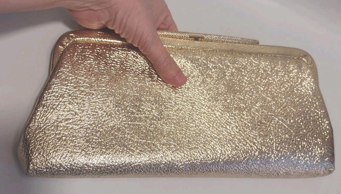 Vintage Gold Foil Faux Leather Clutch w/ Curved Clasp 70s Glam Bridal