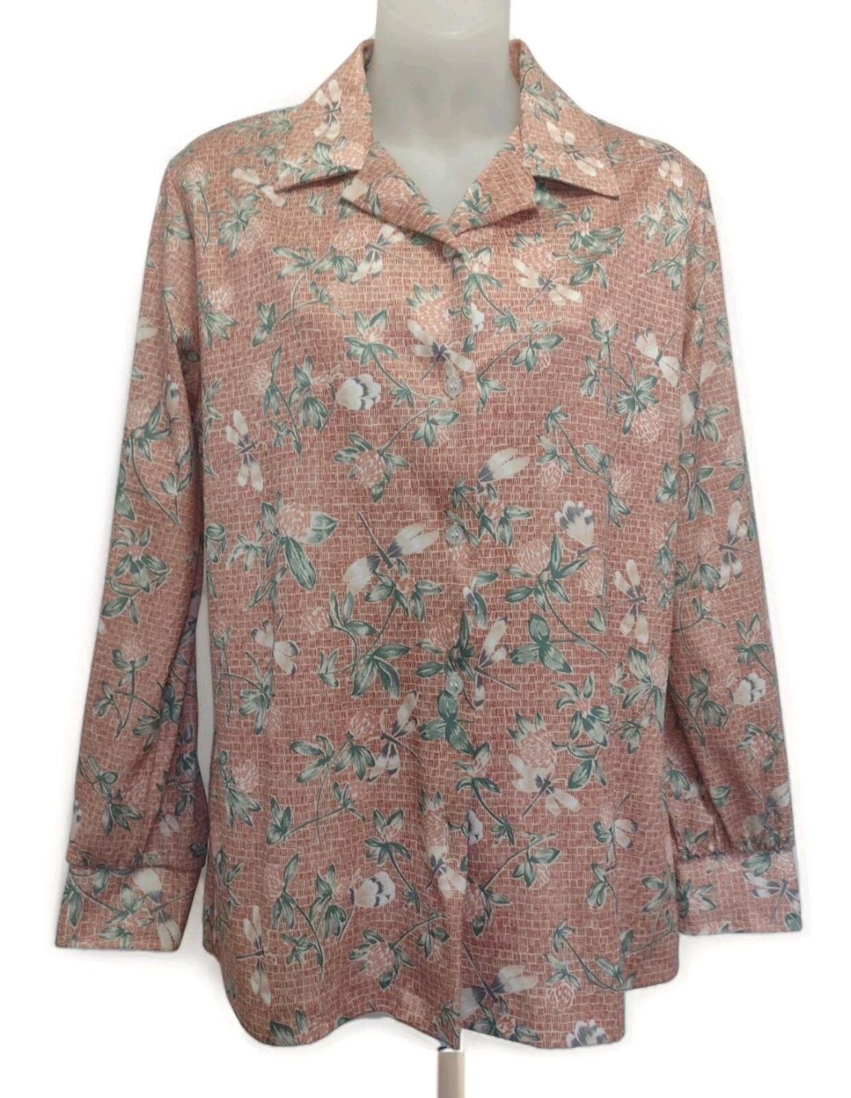 VTG 70s Fire Islander Floral Blouse 11/12 Coral Green Taiwan ROC Button Front