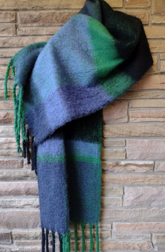 Soft & Fuzzy XL Large Scale Blue & Green Striped Fringe Scarf Wrap Shawl 96 X18