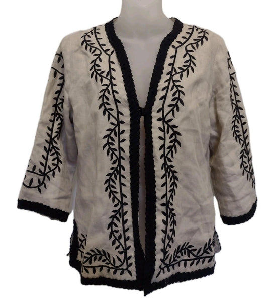 Linea Louis Dell’Olio Linen Embroidered Jacket XS Black Trim Satin Lined