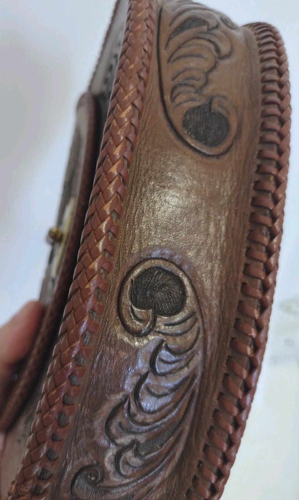 VTG 60s Hand Tooled Leather Clutch Floral Boho Western Artisan Structured Purse