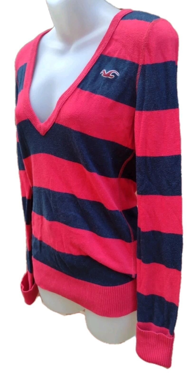 Hollister Striped V Neck Sweater Y2K Preppy Mall Goth Grunge Navy Red L