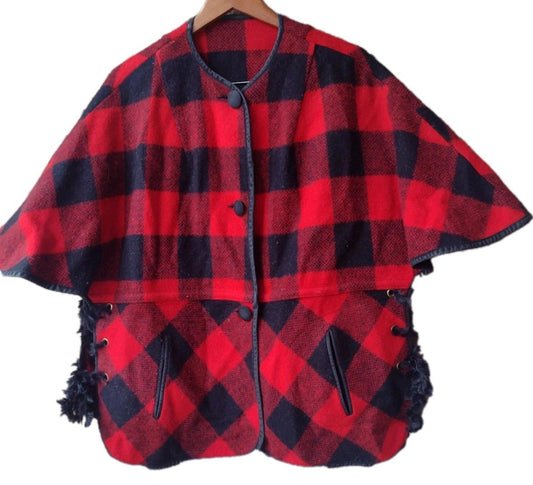 Vintage 60s 70s Wool Buffalo Plaid Cape Poncho Red Black Laced Sides