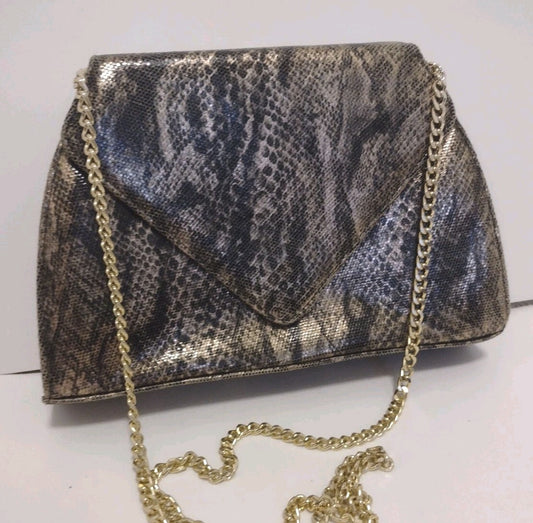 Vintage Timothy Hitsman Spain Metallic Snakeskin Envelope Clutch Chain Purse Bag