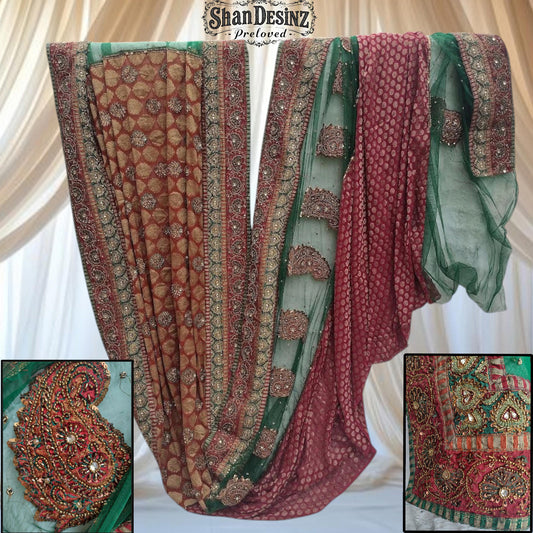 Rare 18ft Hand Embroidered Indian Textile Zardozi Bridal Dupatta Panel Red Green