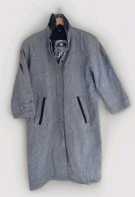 Vintage 80s Triangle Aquarius Rising Oversized Pinstripe Trench Coat Velvet L