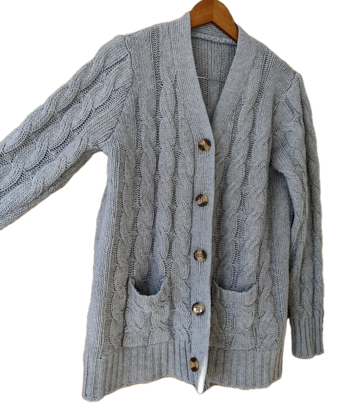 Hand Knit Gray Cable Knit Sweater Wool Blend Artisan Made Chunky Fisherman M/L