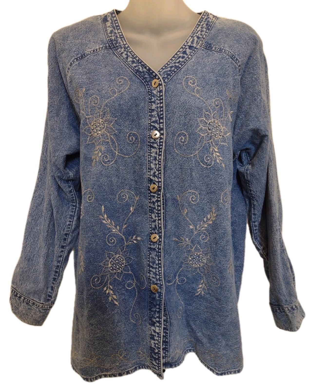 Vintage Embroidered Beaded Denim Blouse L Collarless Acid Wash 80s 90s Thailand
