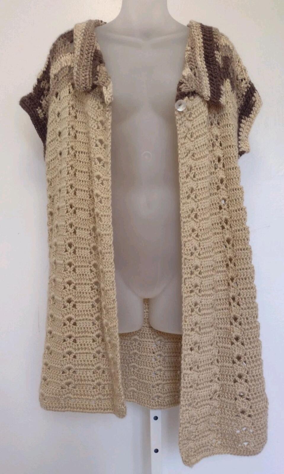 Vintage Handmade Crochet Vest Tunic L Open Weave Boho MOP Button Asymmetrical
