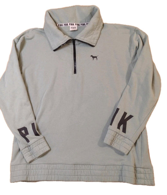 Y2K VS PINK Sweatshirt Sage Green Half Zip Cowl Neck Elastic Waist Dog Emblem M