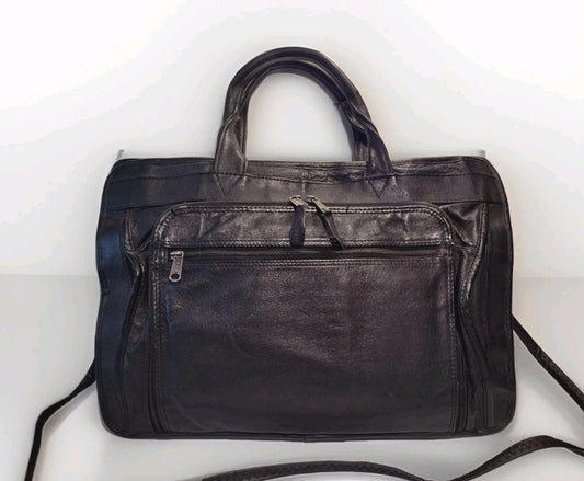 Vintage Black Leather Briefcase Organizer Bag RKS Zippers Made in Taiwan