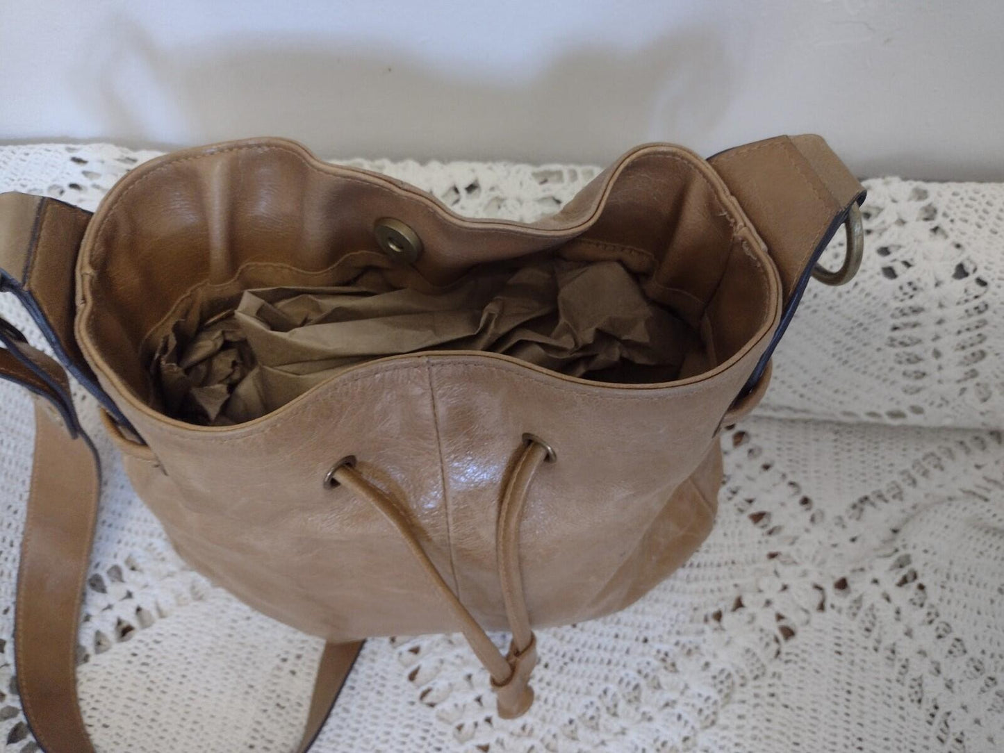 Vintage Tan Leather Drawstring Shoulder Bag Waxed Distressed Finish Stud Accents