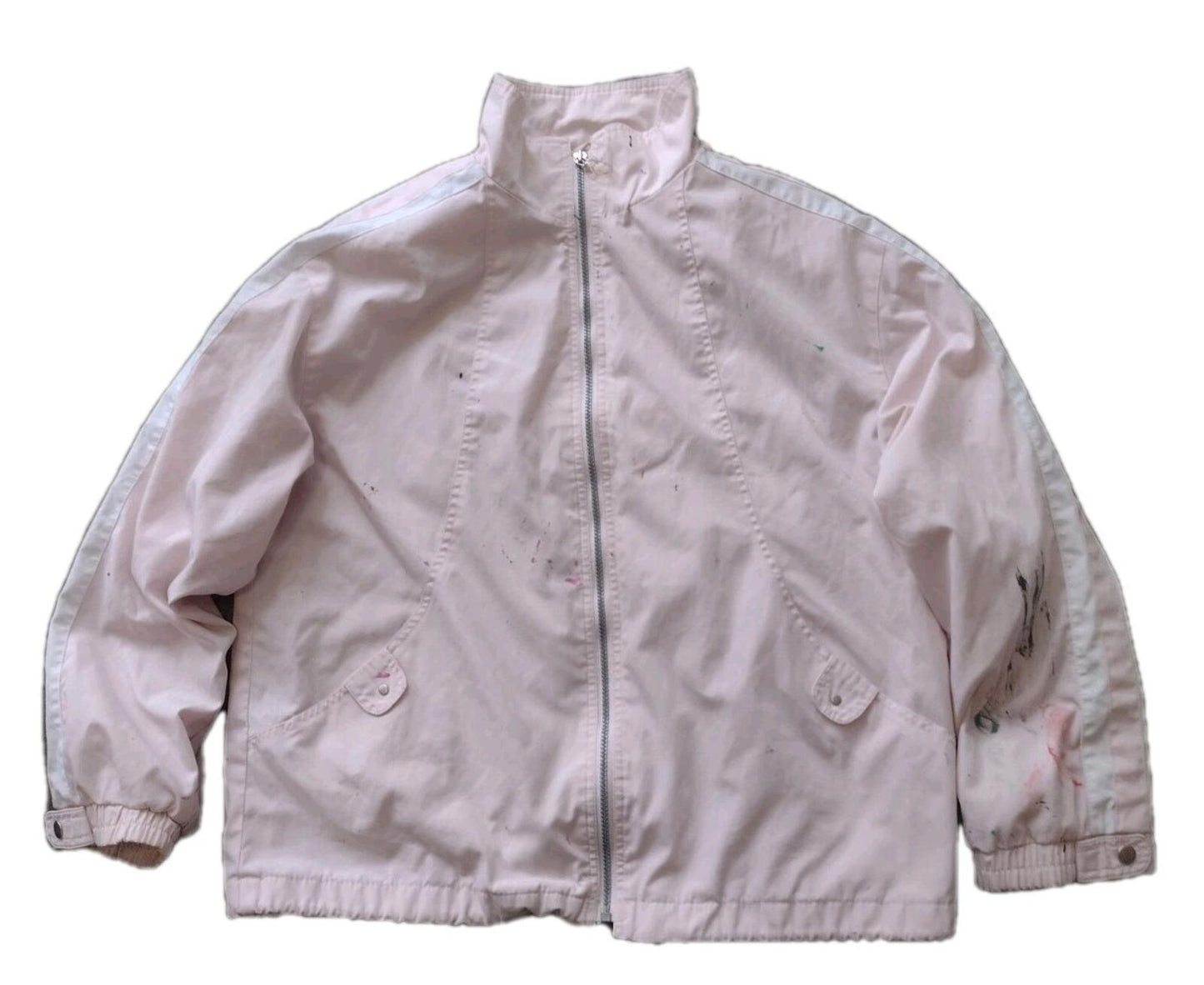 Vintage Pale Pink Distressed Track Jacket W White Stripes Paint Splatters Sz L