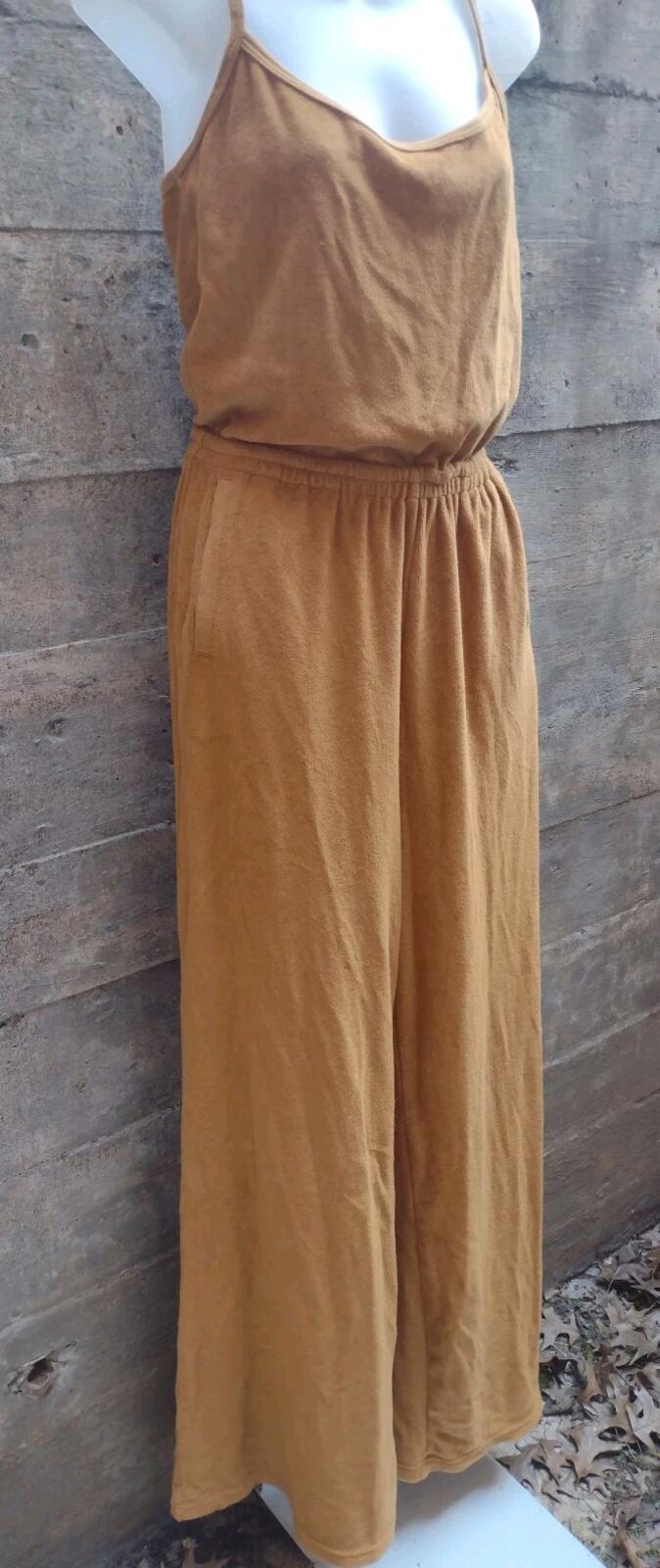 Vintage Style Terry Wide Leg Jumpsuit Spaghetti Strap Caramel Sz S Athleisure
