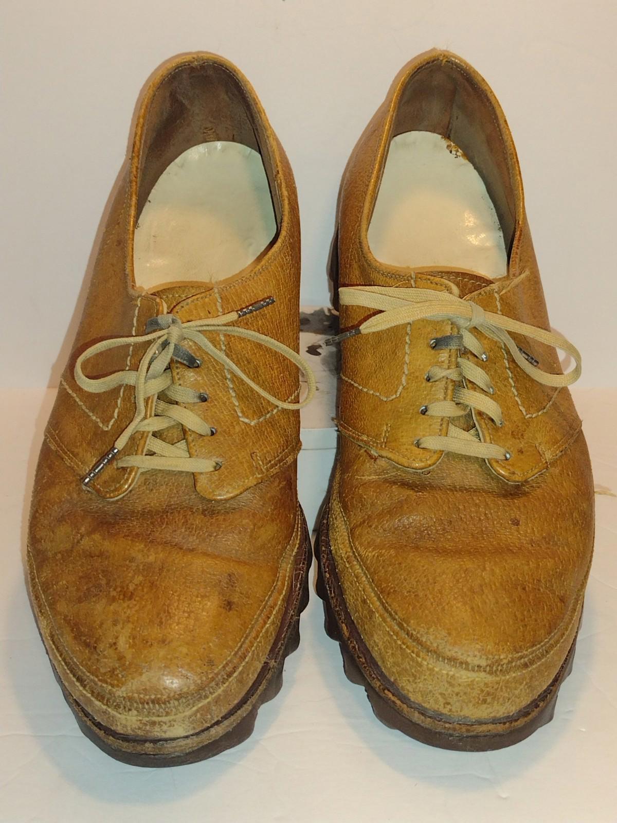 Vintage 60s Women’s Brown Leather Shoes Zigzag Sole Lace Up 10” Sz 7.5