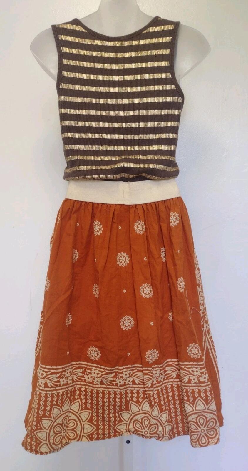 VTG 1970s Handmade Boho Dress Lurex Knit Top Indian Print Skirt Small Medium