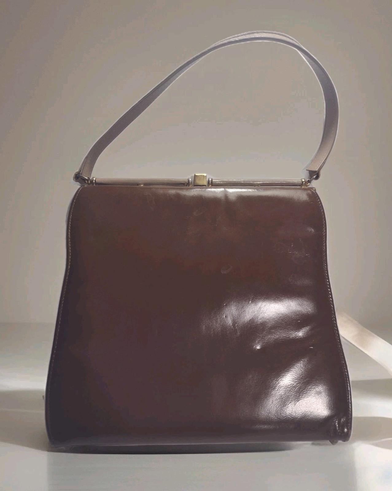 Vintage Johansen Two Tone Leather Frame Bag Brass Feet Top Handle 1950s Brown
