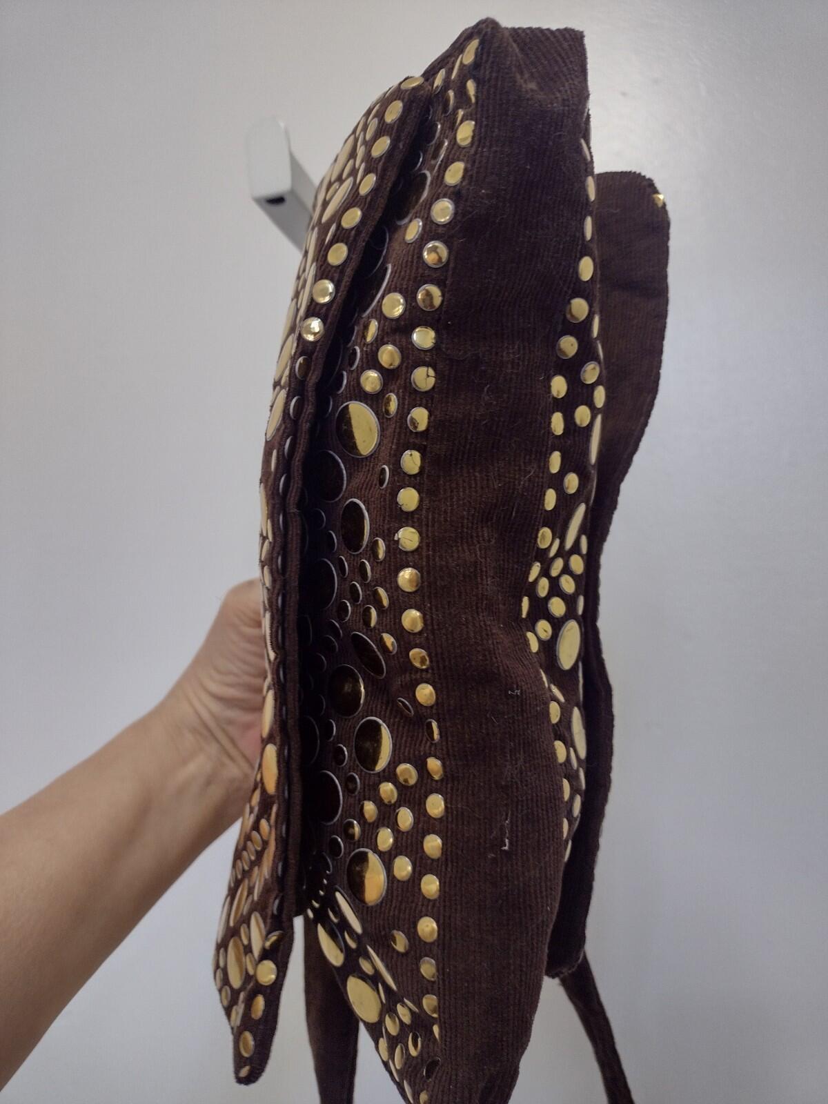 VTG 70s Boho Glam Corduroy Gold Medallion Shoulder Bag Hong Kong Purse Studio 54