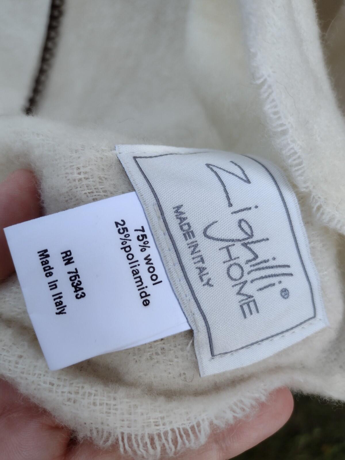 Zighilli Italian Wool Throw Cream Brown Stitch Fringe Rustic Farmhouse 76x52