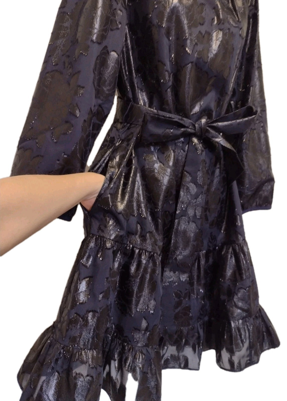 Kate Spade Full Bloom Dress Whimsy Goth Metallic Floral Tiered Ruffle Belt L