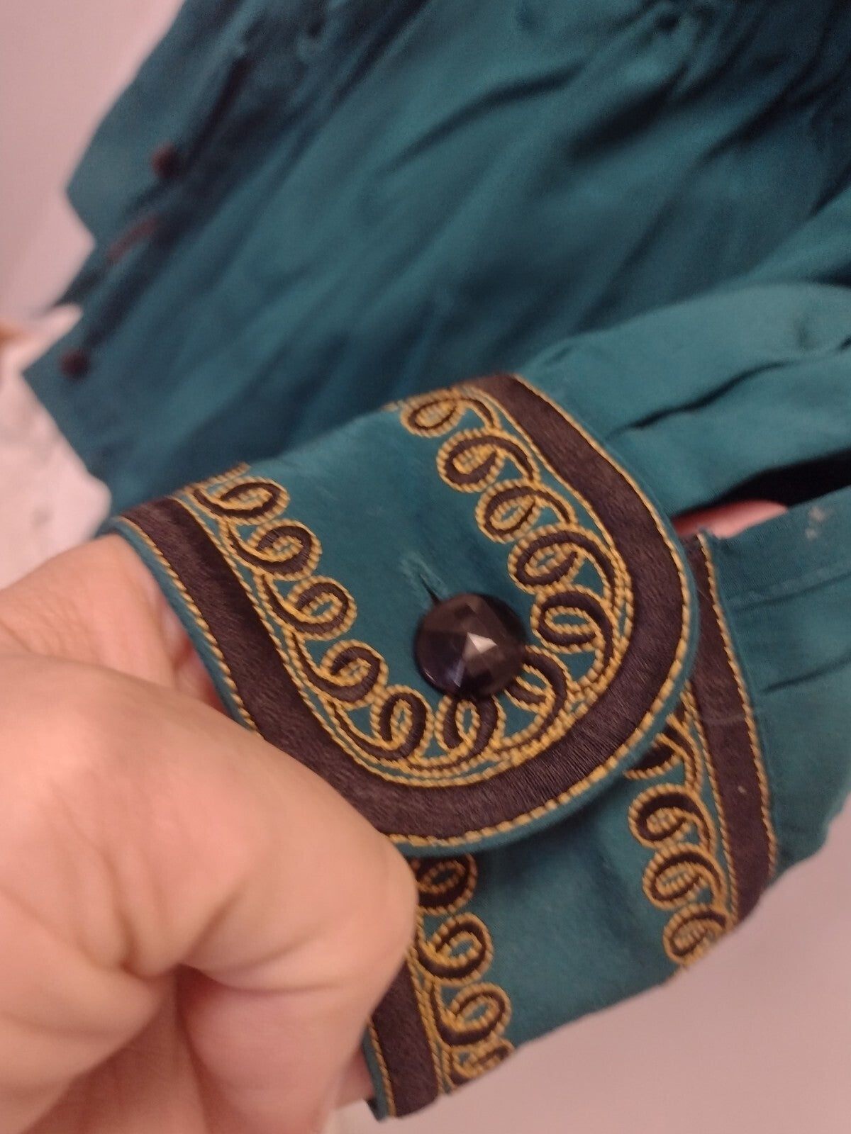 Bob Mackie Wearable Art Silk Jacket Embroidered Teal Western Boho Zip Medium