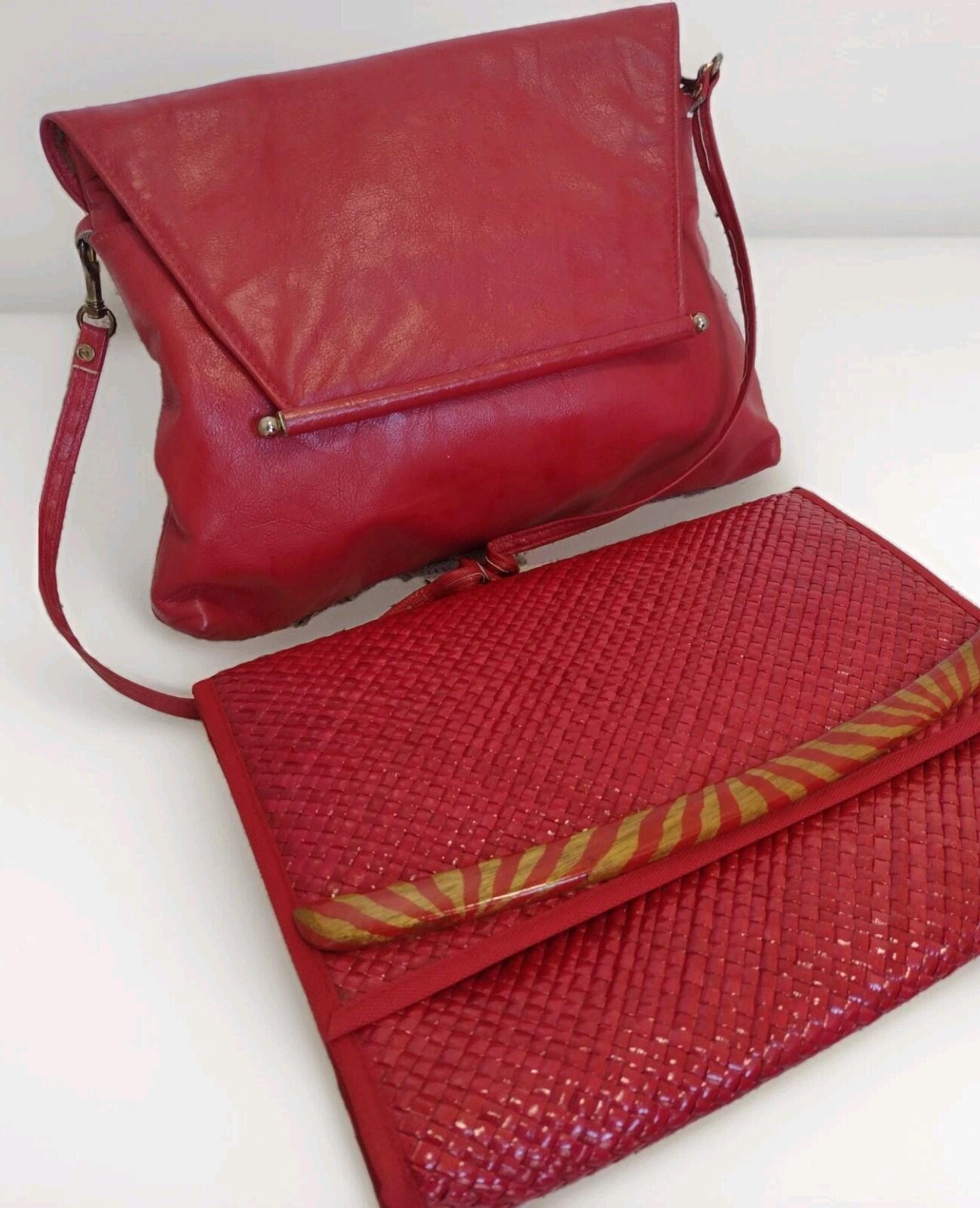 Set Of 2 VTG Red Leather & Straw Purses 80s Handmade Philippines Clutch Bag Lot