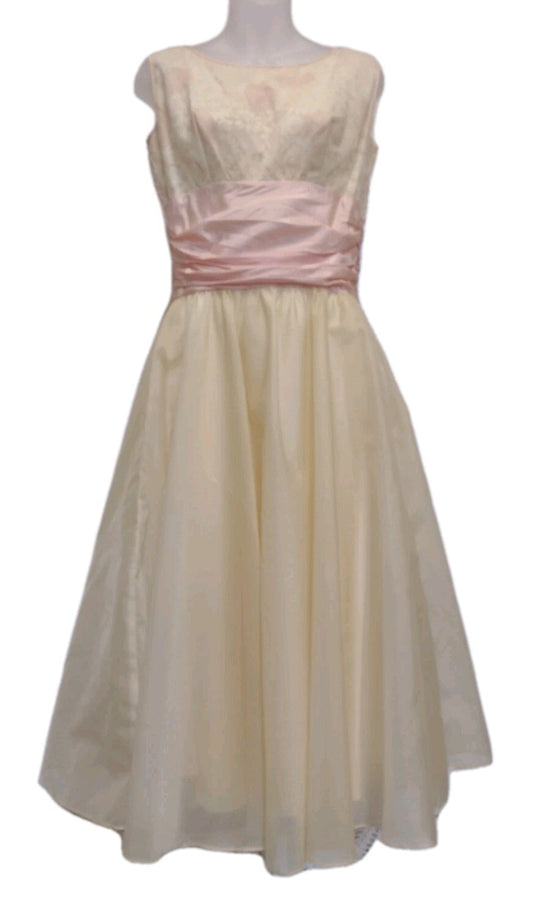 VTG 1960s Handmade Floral Chiffon Party Dress Pink Ivory Tea Garden Wedding M