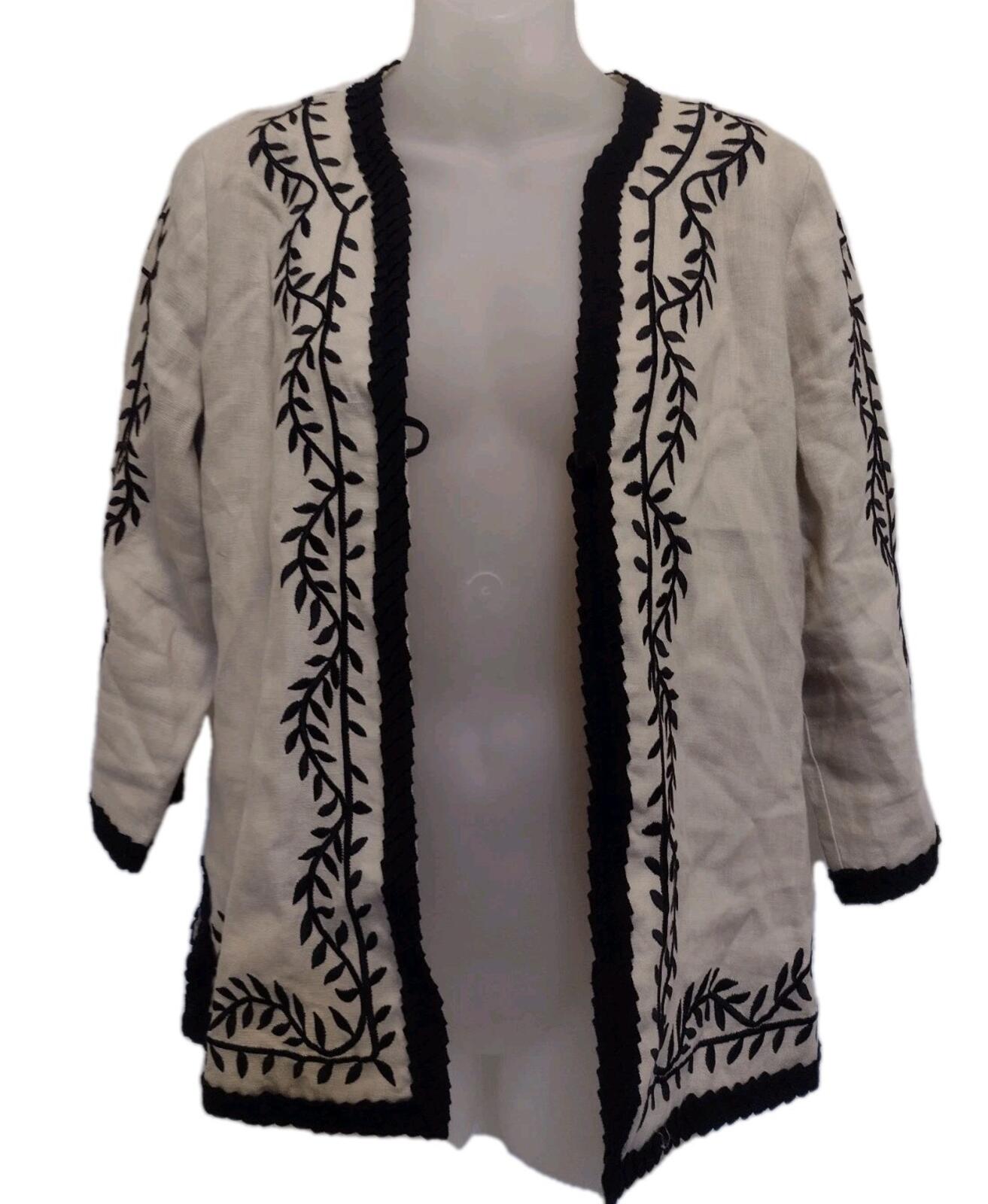 Linea Louis Dell’Olio Linen Embroidered Jacket XS Black Trim Satin Lined