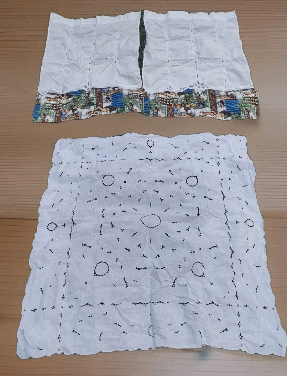 Vintage Embroidered Cutwork Tablecloth Horse Western Kitchen Curtain Panels Set