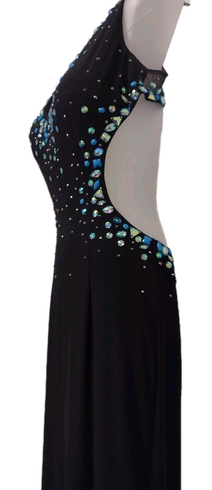 JK Black Rhinestone Keyhole Evening Gown Stretch Formal Dress Size 6
