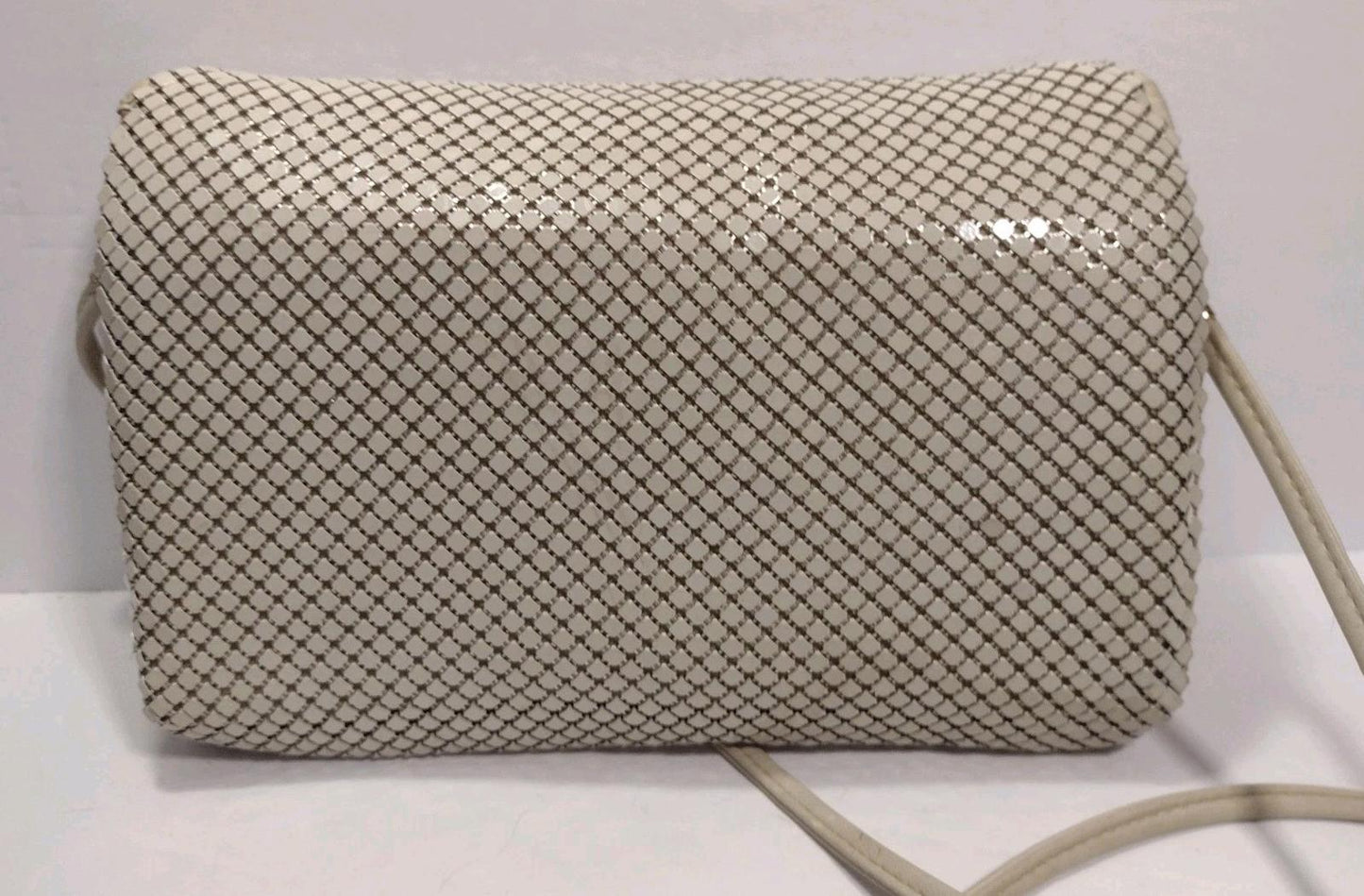 Vintage Whiting & Davis Mesh Clutch Shoulder Bag Beige Leather Hong Kong