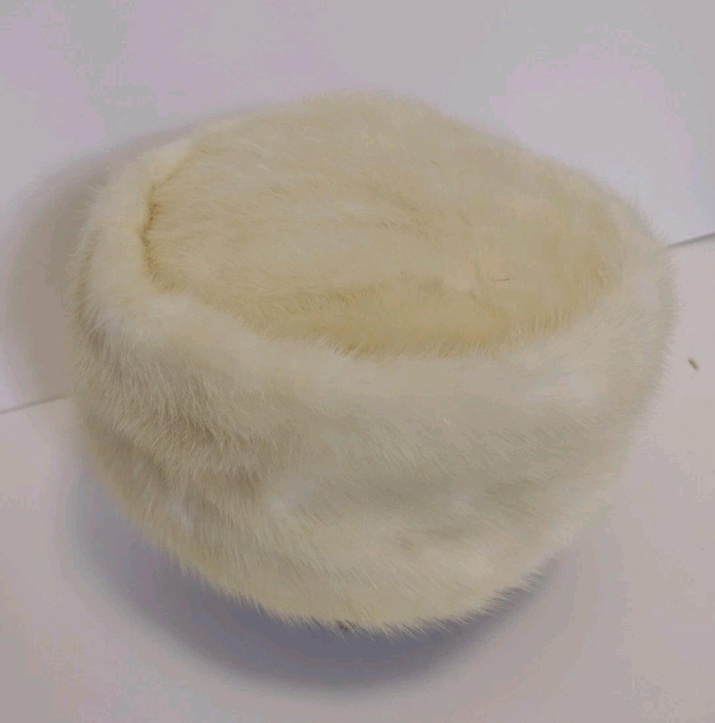 VTG Champagne Mink Pillbox Hat 50s Cream Satin Lined 20.5” Old Hollywood Glam