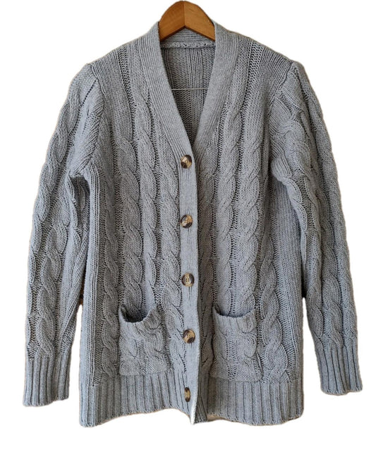 Hand Knit Gray Cable Knit Sweater Wool Blend Artisan Made Chunky Fisherman M/L