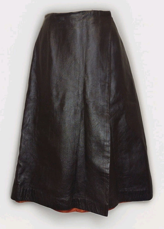 Vintage 70s Brown Leather Wrap Midi Skirt A-Line Boho Western Dark Academia
