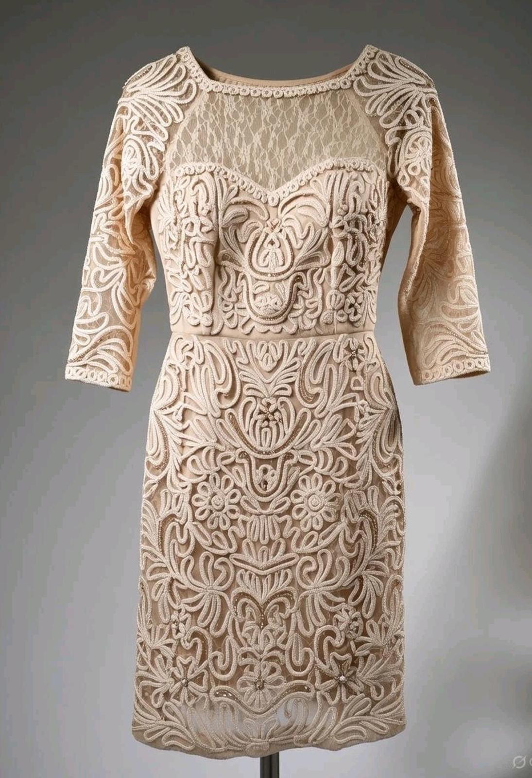 Sue Wong Nocturne Champagne Beaded Lace Embroidered Cocktail Dress Sz 8