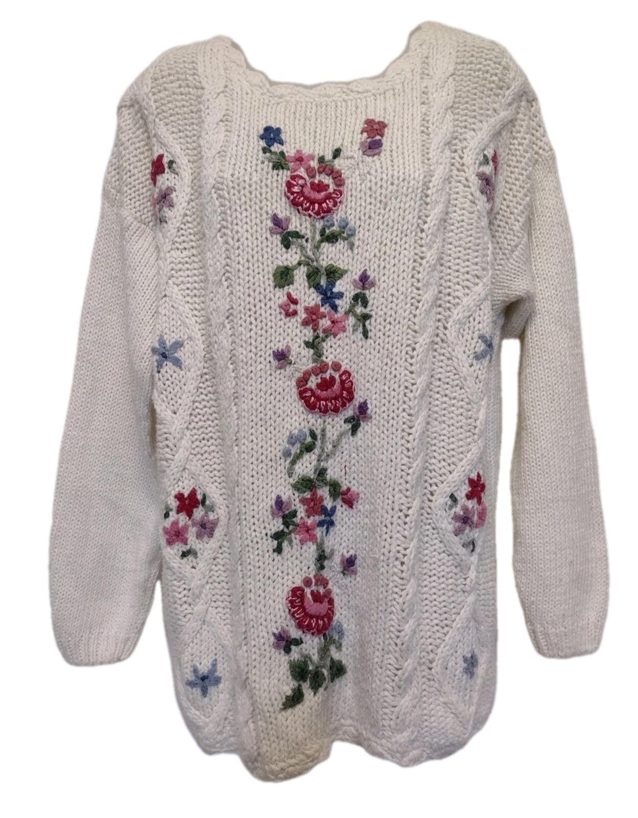 Vintage 80s Bobbie Brooks Hand Knit Floral Ramie Sweater L Korea Scallop Hem