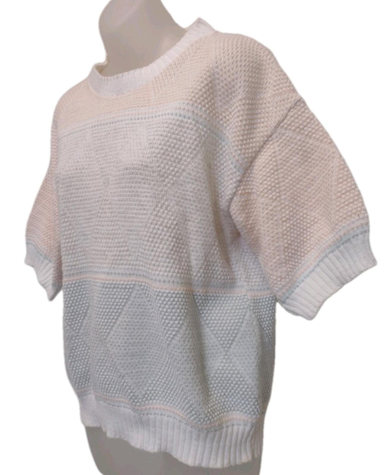 Vintage 80s Pastel Geometric Cotton Knit Short Sleeve Sweater Textured Nubby