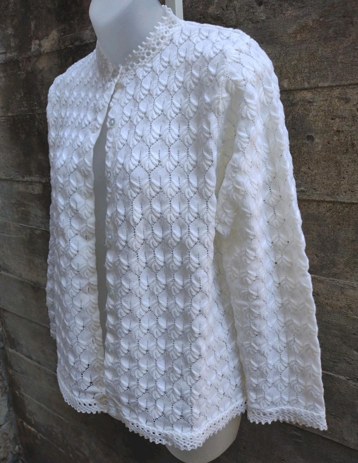 VTG 60s Allmericana Leaf Lace Openwork Acrylic Cardigan Sweater Sz 40 Grandma