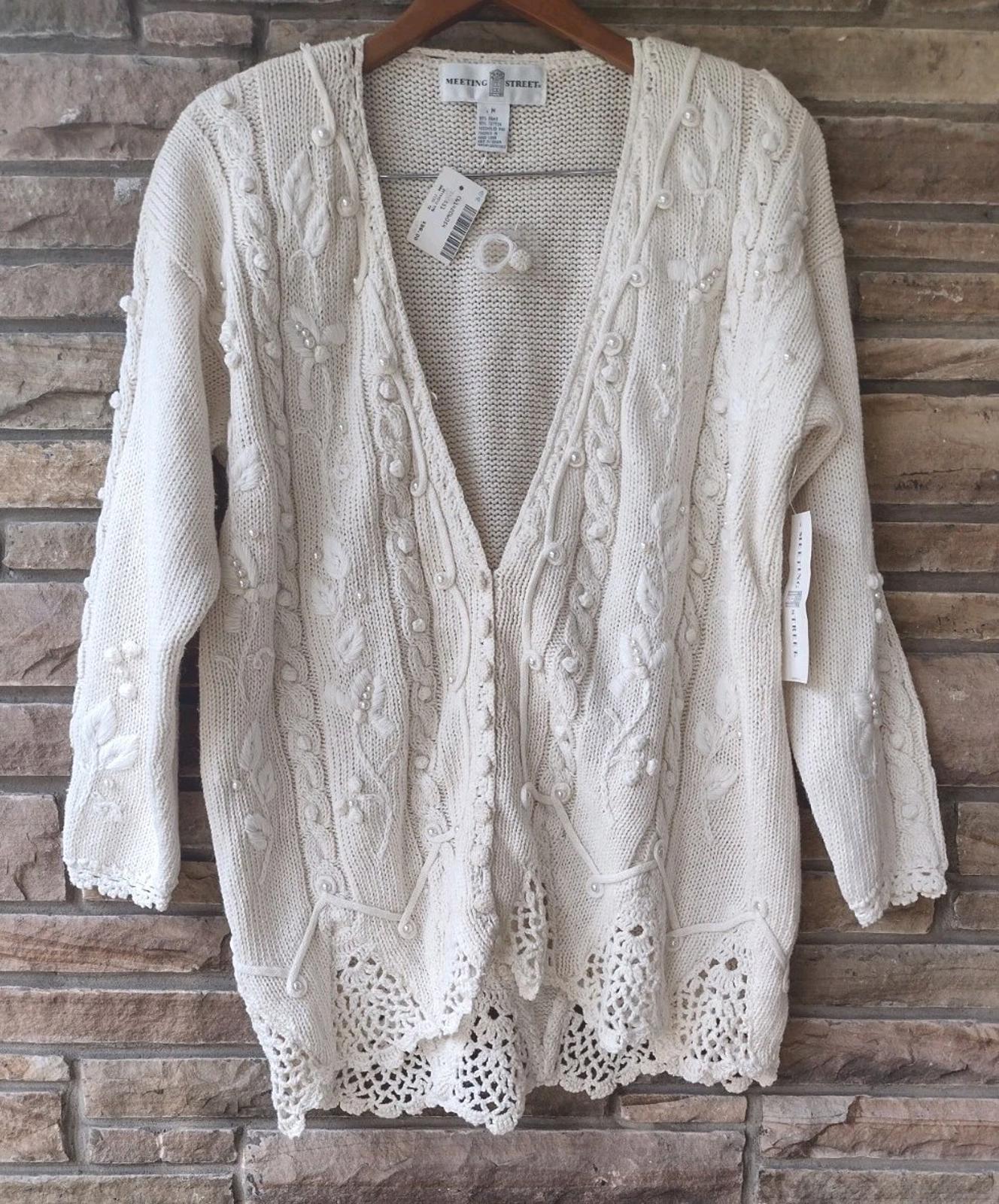 Vintage Meeting Street Ramie Cotton Embroidered Cardigan M Deadstock Lace Knit