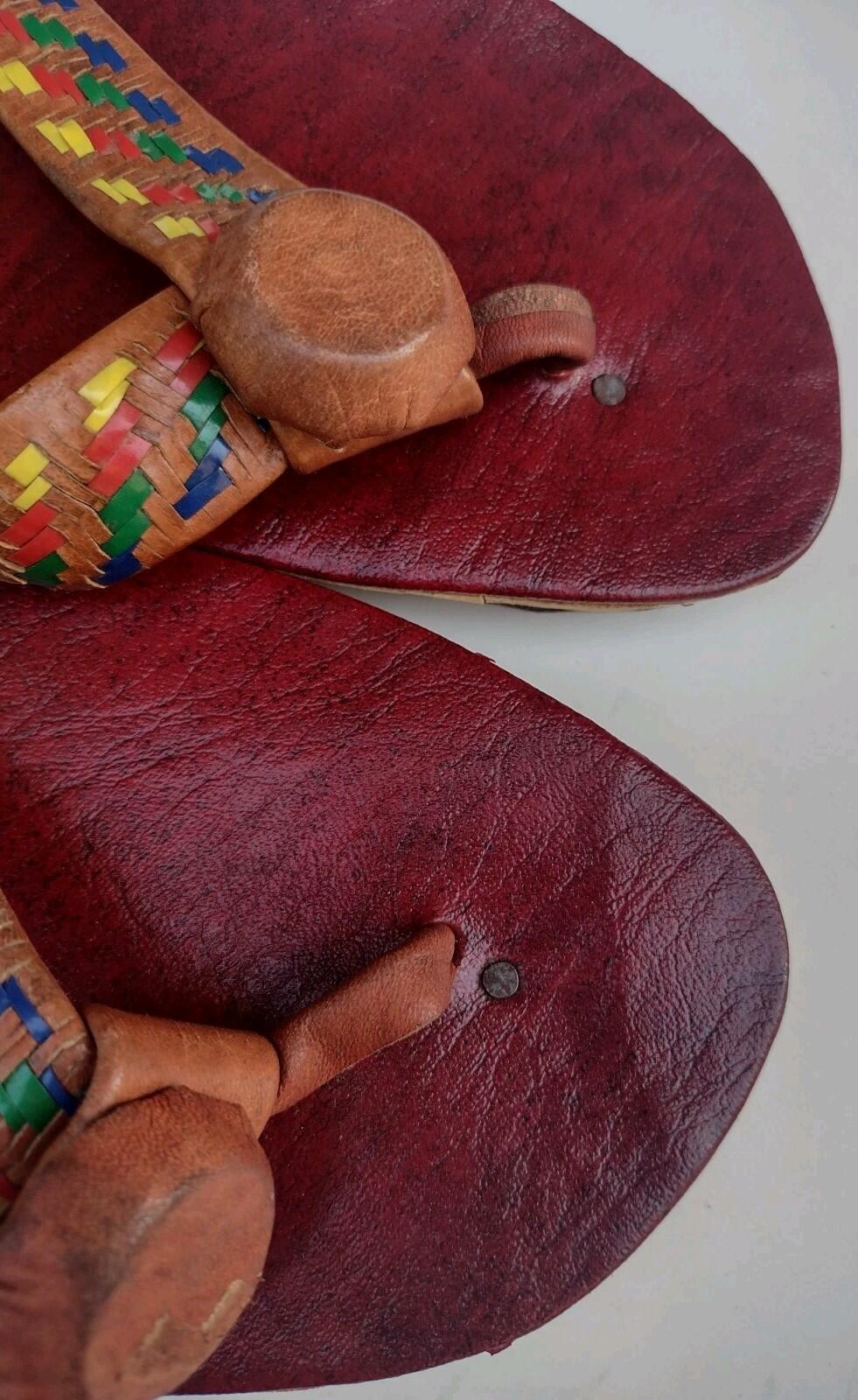 VTG 70s Handmade Indian Leather Sandals Boho Festival Woven Artisan Flip Flops 9